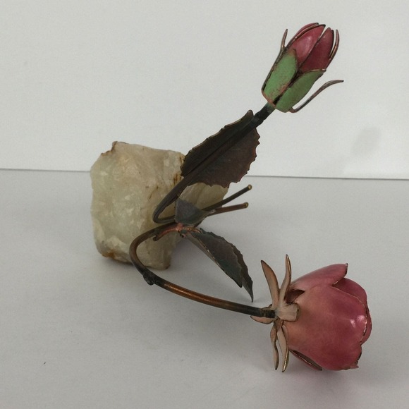 Enameled Copper Metal Rose Flower Sculpture Figurine on Quartz Rock Crystal Base - Picture 7 of 12
